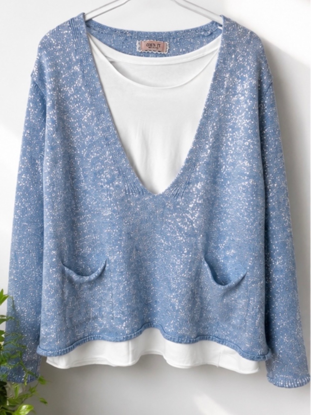 OWN IT Made in Italy Women Blue Shimmer Layered V Neck Knit Top Sweater